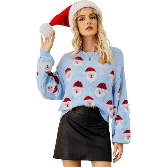 Women's Ugly Christmas Blue Sweater Funny Santa Knit Pullover Holiday Party Top - Picture 1 of 5